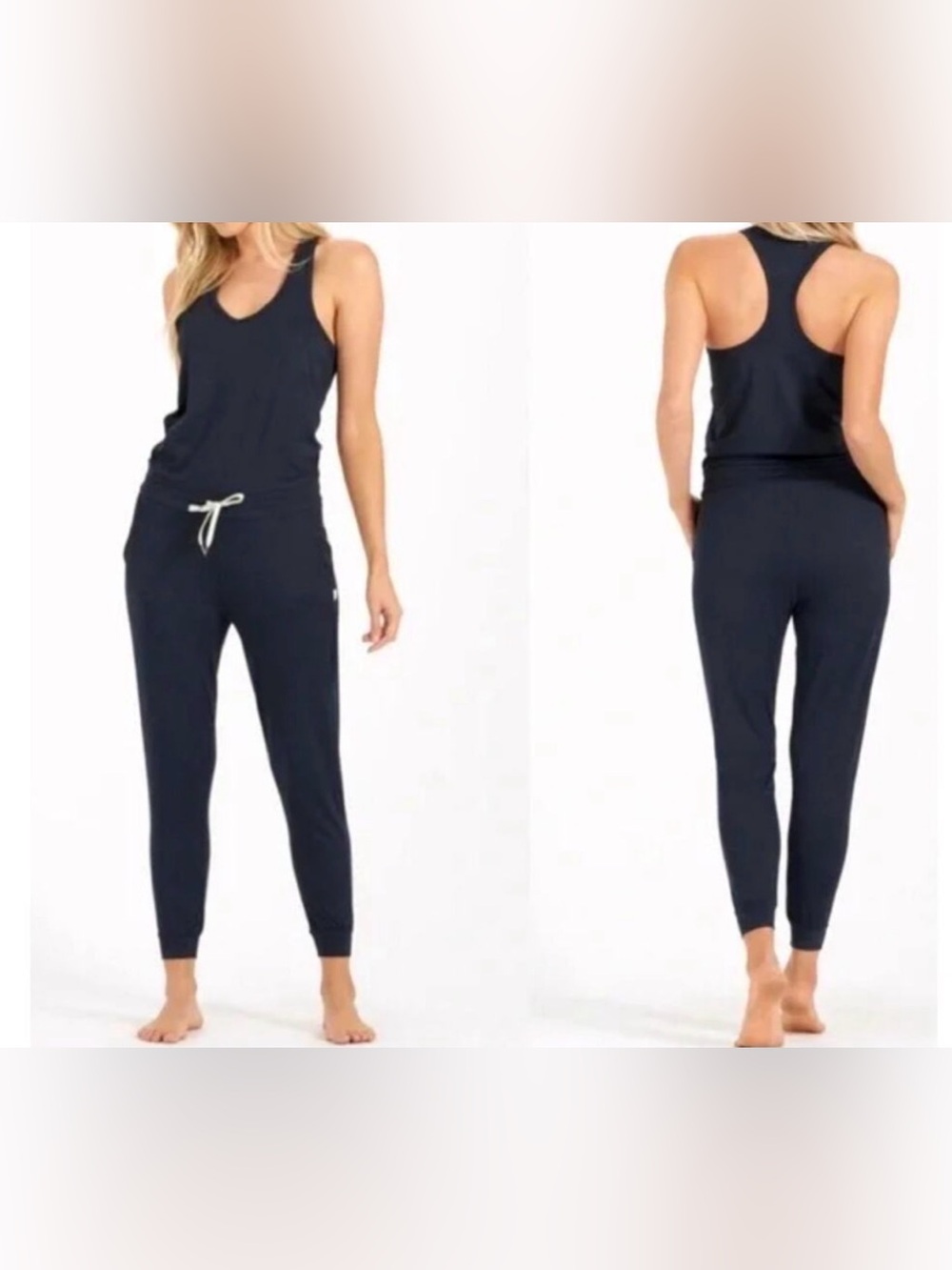 Vuori Lux Harem Sleeveless Blue Jumpsuit with Drawstring Waist